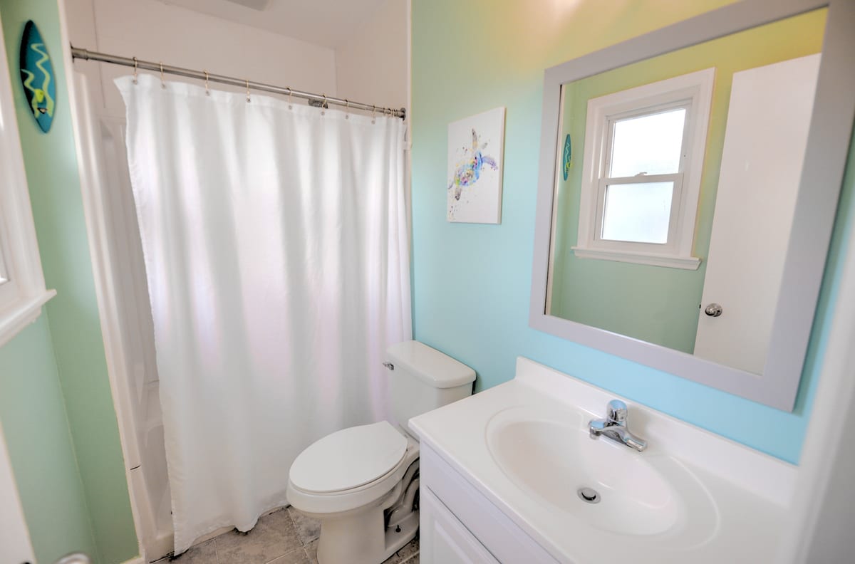 Bathroom with tub shower, vanity, and sea turtle art